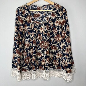 Entro Top Lace Floral Boho Bell Sleeve Sz M Navy Blue Orange button down